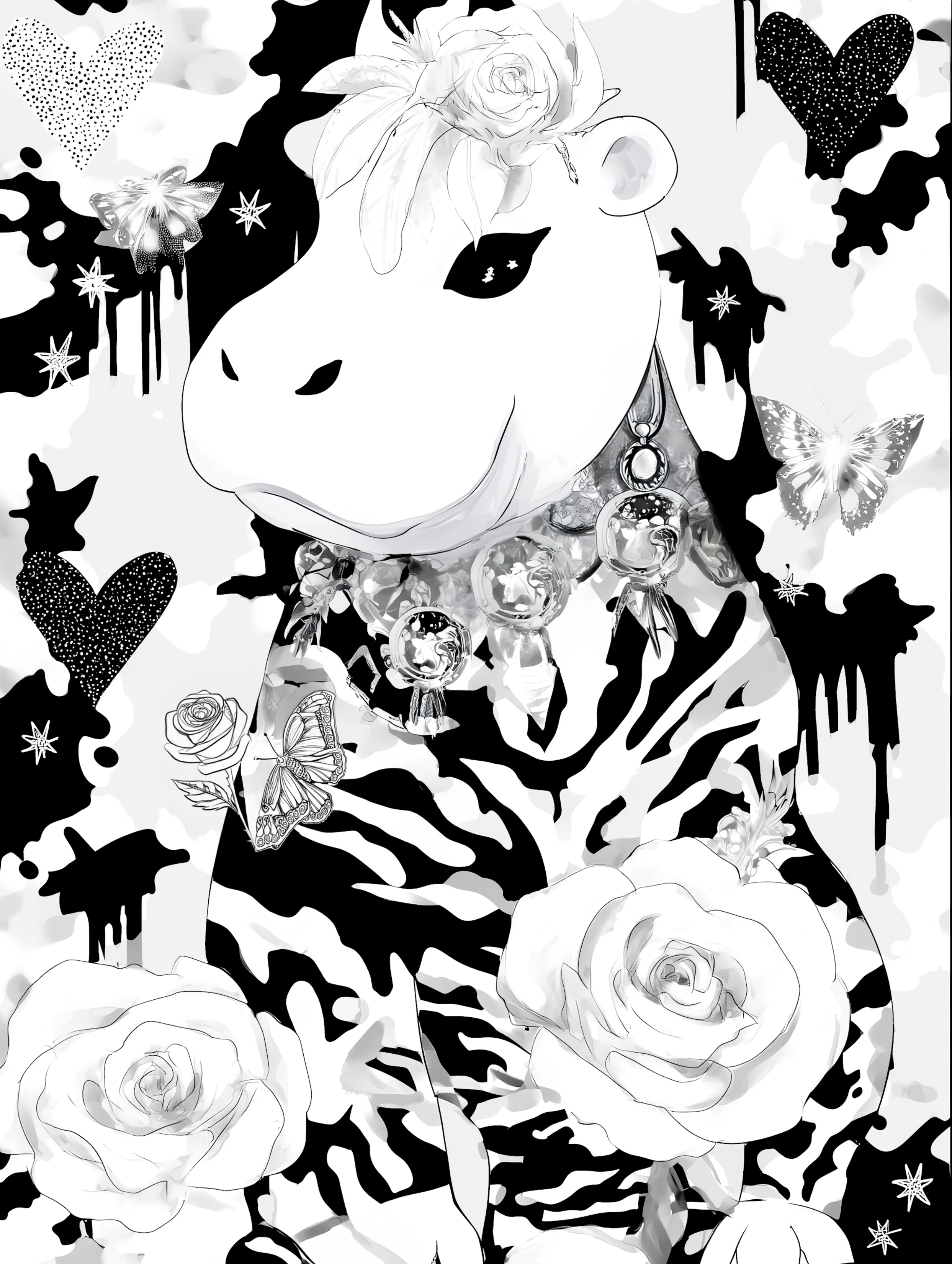 Free printable hippo coloring page featuring hippo with necklace